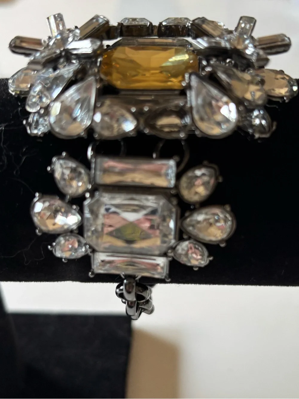 CACHÉ Amber Clear Rhinestone Statement Bracelet Gunmetal READ